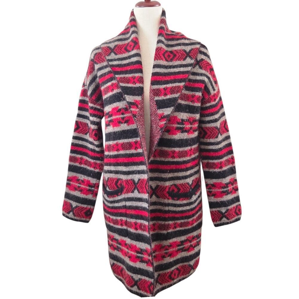 Artisan NY Women's Wool Blend Open Front Cardigan Sweater M Tribal Red Black Tan